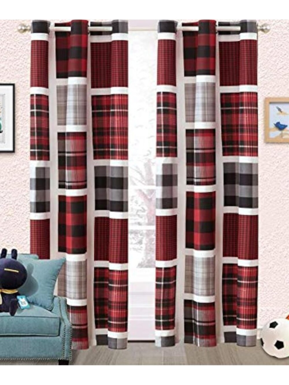 2 Panel Curtain Set with Grommets for Teens Boys Girls New Plaid Red/Black